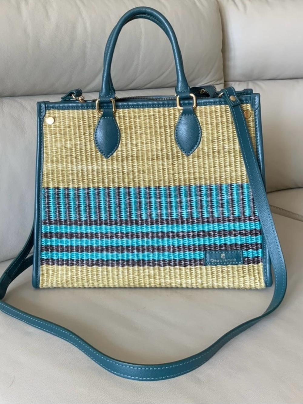 Chiara Ferretti Italian Leather and Woven Satchel Bag